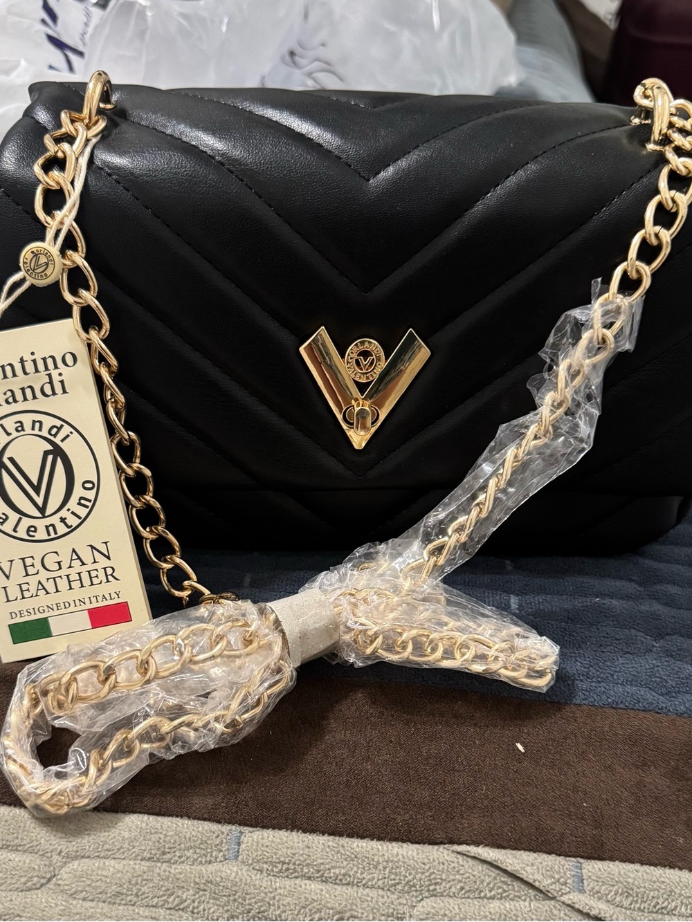 Valentino Orlandi Black Quilted Shoulder Bag with Gold Chain Strap